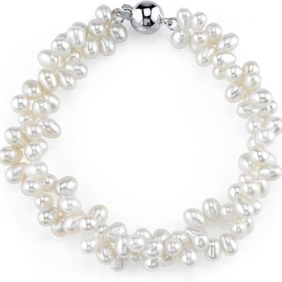 925 Sterling Silver with Genuine 4-5mm Rice Shaped White Cultured Pearl Bracelet